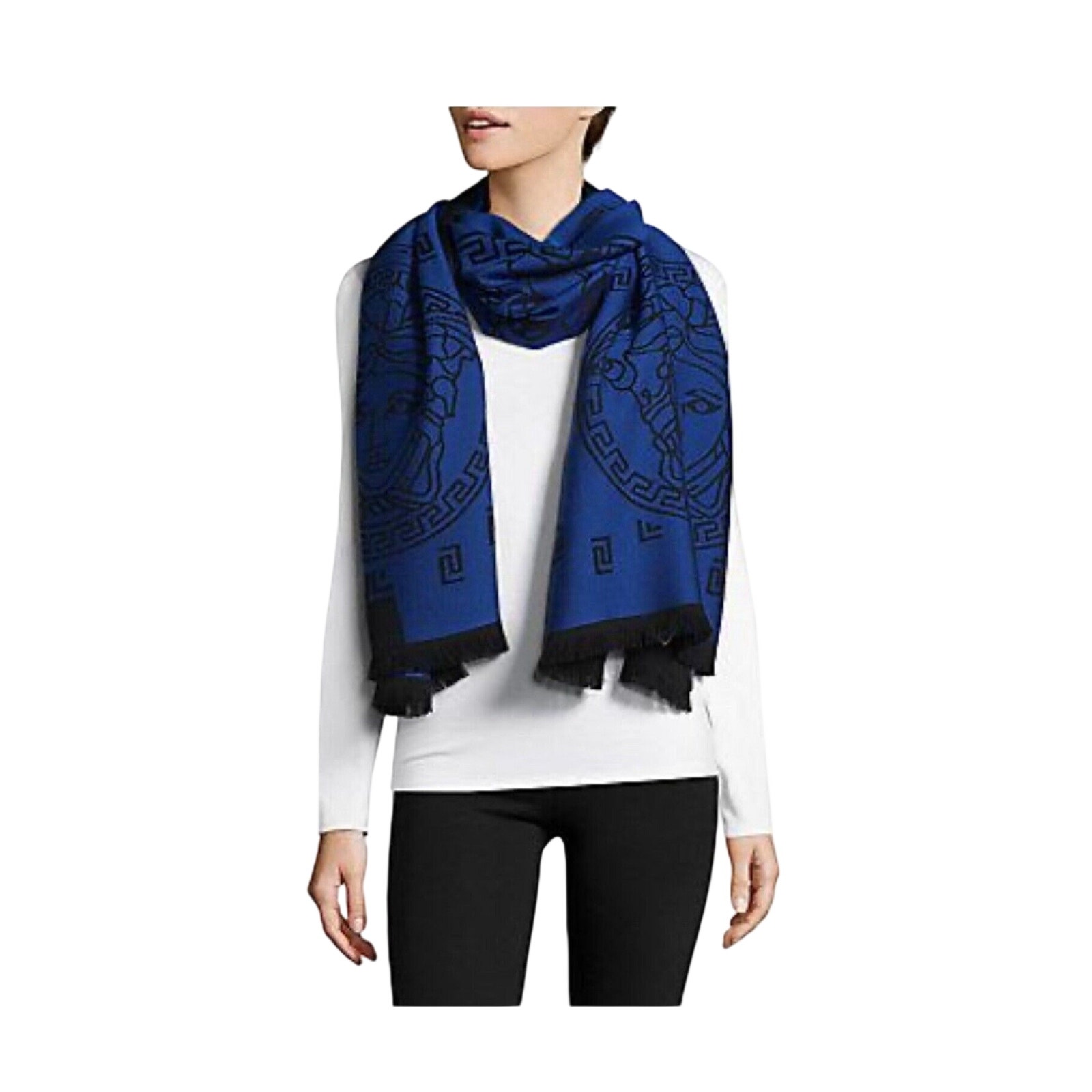 Nwt Versace Medusa Reversible Wool Black Blue Knit Scarf Shawl Size 70"X27" $590